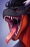 anthro bodily_fluids drooling fangs front_view grey_body male mouth_shot narrowed_eyes open_mouth red_body red_eyes saliva saliva_on_tongue sharp_teeth simple_background solo teeth tongue tongue_out kolaa mythology daphniir dragon mythological_creature mythological_scalie scalie hi_res