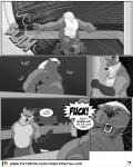 4:5 anthro badger canid canine carl_(misterstallion) clothed clothing comic dialogue door duo english_text eyebrows fence fox fur greyscale hi_res honey_badger male male/male mammal misterstallion monochrome mustelid musteline open_mouth outside profanity public running speech_bubble teeth text topless underwear url william_(misterstallion) yelling