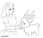 2_horns ambiguous_gender anthro antlers biped bottomwear breasts cheek_tuft chest_tuft clothed clothing duo eyes_closed facial_tuft feeding female feral hair hand_on_head head_tuft heart_symbol horn inner_ear_fluff larger_anthro larger_female long_hair looking_at_another medium_breasts open_mouth open_smile pants quadruped scut_tail shirt short_tail size_difference smaller_ambiguous smaller_feral smile standing tail topwear tuft malachyte sigma117 cheetah deer felid feline king_cheetah mammal 2024 line_art monochrome