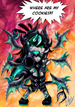 aiming_at_viewer aiming_weapon anthro arm_cannon black_hair blue_eyes blue_tongue boots clothing demanding female floating_wings footwear grey_body guantlets hair high_heeled_boots high_heels horn leg_strap long_hair looking_at_viewer open_mouth ranged_weapon shoes solo speech_bubble standing tongue topwear unusual_anatomy unusual_wings weapon weapon_arm wings yukariasano mythology enfuria_the_dragon dragon mythological_creature mythological_scalie scalie hi_res