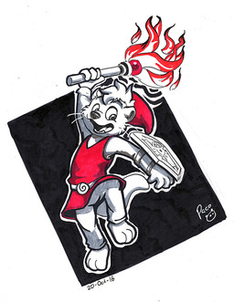 action_pose anthro barefoot bottomwear clothed clothing fangs feet front_view glistening glistening_eyes hair hat headgear headwear holding_object holding_shield holding_staff logo male messy_hair open_mouth open_smile pants pose red_clothing red_hat red_headwear red_topwear shield short_hair simple_background smile solo staff teeth topwear whiskers young young_anthro young_male pandapaco mammal mustelid otter 2016 artist_logo dated signature