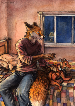 anthro bed bedroom black_claws black_nose blue_bottomwear blue_clothing blue_eyes blue_jeans blue_pants bottomwear brown_body brown_fur claws clothed clothing curtain_rod curtains denim denim_bottomwear denim_clothing detailed_background dragon_plushie ears_back finger_claws fully_clothed fur furniture inside jeans male on_bed orange_body orange_fur pants pillow pivoted_ears plushie purple_clothing purple_shirt purple_topwear quilt rolled_up_sleeves shirt sitting sitting_on_bed snout solo tail topwear window kenket rukis forester_universe hilltown_dragons out_of_position wiley_farrel canid canine fox mammal red_fox true_fox 2016 artist_collaboration official_art painting_(artwork) traditional_media_(artwork) traditional_painting_(artwork) traditional_watercolor_(artwork) watercolor_(artwork)