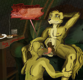 age_difference anthro armpit_hair balls blush bodily_fluids body_hair cigarette cum cum_in_mouth cum_inside duo erection fellatio foreskin fur furniture genital_fluids genitals green_eyes humanoid_genitalia humanoid_penis inside inside_mouth internal internal_fellatio internal_oral male male/male male_penetrated male_penetrating male_penetrating_male mouth_shot nipples nude older_male open_mouth oral oral_penetration penetration penile penis penis_on_tongue pubes sex sitting sofa tongue younger_male spruceloops bird_dog canid canine canis domestic_dog golden_retriever hunting_dog mammal retriever absurd_res hi_res father_(lore) father_and_child_(lore) father_and_son_(lore) incest_(lore) parent_(lore) parent_and_child_(lore) parent_and_son_(lore) son_(lore)