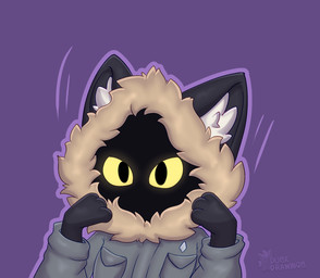 ambiguous_gender anthro clothing coat inner_ear_fluff purple_background simple_background solo topwear tuft yellow_eyes duskdrawings knight_(knight) domestic_cat felid feline felis mammal hi_res