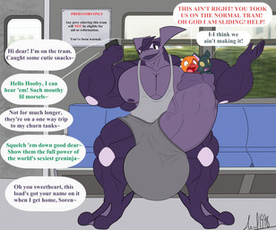 5_fingers ambiguous_gender anthro big_penis body_in_urethra boxers_(clothing) clothing cock_vore dialogue electronics feet feet_first fingers genitals greeting group huge_penis hyper hyper_genitalia hyper_penis looking_at_object looking_at_phone male membrane_(anatomy) multiple_prey muscular muscular_anthro muscular_male nipples penile penis phone purple_body purple_eyes purple_penis purple_skin shirt sign speech_bubble tank_top text toes topwear train trio two_prey_at_once two_prey_same_hole underwear vehicle vore webbed_feet yelling kiuhkobold nintendo pokemon yoru_(retrodeadpool) domestic_cat felid feline felis generation_6_pokemon greninja kobold mammal pokemon_(species) scalie 2023 english_text hi_res signature