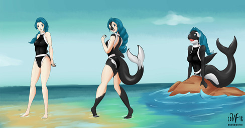 anthro barefoot base_one_layout basic_sequence beach biped blue_hair breasts butt clothed clothing detailed_background feet female fin growth hair human_to_anthro linear_sequence long_hair one_row_layout open_mouth outside ponytail sea seaside sharp_teeth solo species_transformation standing surprised tail tail_growth teeth three_frame_image three_frame_sequence transformation transformation_sequence water witchfiend aquatic cetacean dolphin human mammal oceanic_dolphin orca toothed_whale 2018 absurd_res hi_res sequence