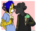 anthro blue_hair clothing dessert duo eyes_closed food hair ice_cream licking male male/male shirt tongue tongue_out topwear zeriara cheetah felid feline mammal pantherine 2005