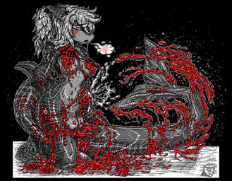 anthro balls blood blush bodily_fluids breasts cutting_self drooling ejaculation genitals gore gynomorph intersex kneeling masturbation nipple_piercing nipples nude penis piercing saliva self-harm solo wisahkecahk seiju_(seijukaiju) aquatic fish shark hi_res