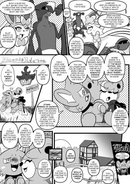 8_panel_comic angry anthro biped black_sclera black_text blush blush_lines bodily_fluids bow_ribbon building claws detailed_background dialogue exclamation_point eye_roll eyebrows eyelashes eyes_closed female feral floating genital_fluids group male mouth_closed open_mouth open_smile pawpads paws peeing pupils quadruped question_mark sharp_teeth sign smile speech_bubble standing talking_to_another teeth text tongue urine watersports white_pupils heavenlyproductions nintendo pokemon eeveelution garchomp generation_2_pokemon generation_4_pokemon generation_6_pokemon pokemon_(species) pumpkaboo scizor shinx sylveon teddiursa 2025 absurd_res comic end_page english_text hi_res monochrome signature