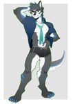 abs anthro belt black_body black_fur black_hair blue_body blue_eyes blue_fur clothed clothing fur hair male open_clothing open_shirt open_topwear shirt solo topwear yellow_eyes ewenkarma archermagnum canid canine canis mammal wolf absurd_res hi_res