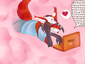 anthro beard black_body black_fur brown_hair clothing computer electronics facial_hair fur hair headgear headwear heart_symbol laptop legwear male nurse nurse_clothing nurse_headwear pseudo_hair red_body red_fur red_tail simple_background smile solo tail tentacle_hair tentacles text topwear white_body white_fur moonlessnyte lapfox_trax renard_queenston canid canine fox mammal