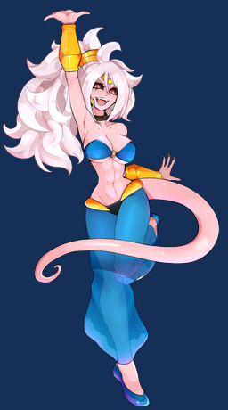 abs alternate_costume alternate_hairstyle armor bandeau belly_dancer big_breasts black_nails black_sclera bottomwear bracers breasts circlet clothing colored_nails cosplay ear_piercing fangs female gold_(metal) gold_jewelry hair jewelry long_hair midriff nails navel neck_ring not_furry on_one_leg one_leg_up open_mouth open_smile pants piercing pink_body pink_skin pink_tail ponytail raised_arm raised_leg red_eyes sharp_teeth simple_background smile solo standing tail teeth tongue topwear translucent translucent_clothing transparent_background white_hair jun-kou dragon_ball dragon_ball_fighterz shantae_(series) wayforward android_21 majin_android_21 alien alien_humanoid humanoid majin 2018 absurd_res alpha_channel crossover full-length_portrait hi_res portrait