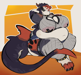 anthro areola barbell_piercing big_breasts blue_body breasts claws clothed clothing collar eyes_closed female fin fin_piercing fishnet_clothing fishnet_legwear furgonomics furry-specific_piercing glistening_eyelids hand_behind_head head_spikes heart_cutout horn horn_piercing legwear long_tail morbidly_obese navel nipple_piercing nipples obese open_mouth open_smile overweight overweight_anthro overweight_female pasties piercing red_body sitting smile solo spikes spikes_(anatomy) tail tail_fin thigh_spikes white_body spicey_spaghets mythology dragon mythological_creature mythological_scalie scalie hi_res