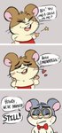 anthro blush dialogue duo eyes_closed fur humor male male/male open_mouth simple_background smile speech_bubble tail text penguinfat hamtaro_(series) dexter_(hamtaro) howdy_(hamtaro) cricetid hamster mammal rodent comic digital_media_(artwork) english_text hi_res meme