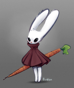 alternate_species anthro black_eyes carrot cloak cloak_only clothing female food fur grey_background holding_carrot holding_food holding_object holding_vegetable long_ears plant red_cloak red_clothing simple_background solo standing vegetable white_body white_fur panken hollow_knight_(franchise) team_cherry hornet_(hollow_knight) lagomorph leporid mammal rabbit 2025 signature