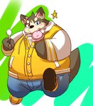 anthro belly big_belly blush bottomwear clothing dessert food hoodie ice_cream kemono male overweight overweight_male pants solo tongue tongue_out topwear natamaru_a tera_online canid canine canis domestic_dog mammal popori 2016