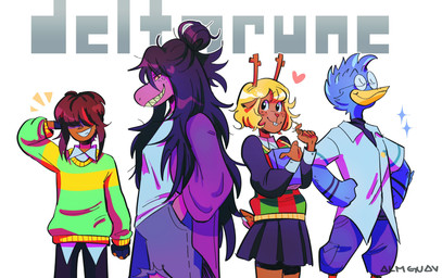 ambiguous_gender anthro antlers blonde_hair blue_body bottomwear brown_hair clothed clothing female freckled_face freckles group hair hair_bun heart_symbol horn jacket long_hair male open_clothing open_jacket open_topwear pants pattern_clothing pattern_shirt pattern_topwear purple_body shirt skirt striped_clothing striped_shirt striped_topwear stripes sweater sweater_vest topwear vest almguav deltarune undertale_(series) berdly kris_dreemurr noelle_holiday susie_(deltarune) avian bird deer human mammal new_world_deer reindeer scalie hi_res