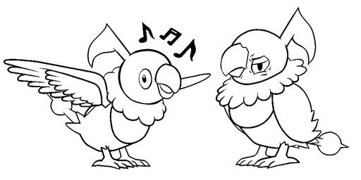 ambiguous_gender angry beak duo feathered_wings feathers feet feral happy looking_at_viewer musical_note musical_symbol narrowed_eyes open_beak open_mouth spread_wings symbol tail talons toes wings pinnipip nintendo pokemon chatot generation_4_pokemon pokemon_(species) 2:1 monochrome