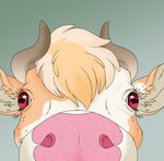 close-up feral green_background hair horizontal_pupils horn pink_nose pupils quadruped red_eyes simple_background solo soul_devouring_eyes goldiescales anthony_(goldiescales) bovid bovine cattle mammal 2022 trans_(lore) trans_man_(lore)