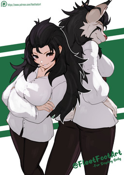 5_fingers alternate_form anthro biped black_hair bottomwear breasts butt clothed clothed_anthro clothed_female clothed_human clothing duo ear_piercing female fingers front_view fully_clothed fully_clothed_anthro fully_clothed_female fully_clothed_human hair piercing shirt side_boob standing teeth text topwear fleet-foot felid feline human lynx mammal 2025 digital_drawing_(artwork) digital_media_(artwork) hi_res url