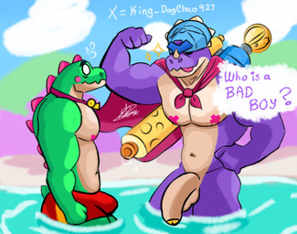beach blue_cap bottomwear bulge cape clothing dialogue duo flaccid genitals green_body gun long_penis looking_at_another male male/male muscular pecs penis purple_body ranged_weapon red_bottomwear red_clothing sand sea shy sky standing teasing water weapon king_dogchaos927 brawl_stars supercell_(company) buzz_(brawl_stars) pierce_(brawl_stars) dinosaur prehistoric_species reptile scalie hi_res