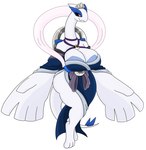 accessory anthro big_breasts blue_clothing breasts clothed clothing crown female generation_2_pokemon headgear hi_res huge_breasts legendary_pokemon lugia neckwear nintendo pokeball pokemon pokemon_(species) red_eyes shirt simple_background solo tail topwear tunic urusee584 white_background white_body wings