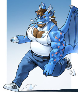 anthro barbel_(anatomy) beard belly big_muscles big_pecs blue_body bodily_fluids body_hair bottle brown_hair chest_hair clothing container exercise facial_hair fanny_pack footwear hair looking_at_viewer male musclegut muscular muscular_male orange_eyes pecs running running_away running_towards_viewer shirt shoes simple_background smile sneakers solo sportswear spread_wings sweat tank_top topwear water_bottle white_belly white_clothing white_shirt white_tank_top white_topwear wings racesolar adidas mythology yong_(yongaero) dragon mythological_creature mythological_scalie scalie hi_res