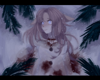 anthro black_bars blue_eyes bodily_fluids clothing crying female hair leaf long_hair plant snow tears tears_of_pleasure tree kodda domestic_cat felid feline felis mammal 5:4 digital_media_(artwork) letterbox signature