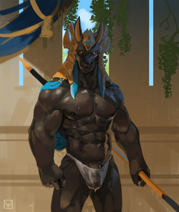 anthro balls black_body black_sclera bodily_fluids bulge clothing detailed_bulge egyptian egyptian_clothing egyptian_headdress flaccid foreskin gem genital_outline genitals holding_object holding_weapon humanoid_genitalia humanoid_penis looking_at_viewer male manly muscular muscular_anthro muscular_male nipples pecs penis penis_outline sky solo sweat translucent translucent_clothing translucent_underwear underwear vein veiny_penis weapon wet wet_clothing wet_underwear yellow_eyes neungsonie egyptian_mythology middle_eastern_mythology mythology anubis anubian_jackal canid canine canis deity jackal mammal 2020 hi_res signature