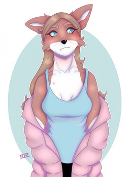 anthro arms_bent biped black_bottomwear black_clothing black_nose black_pants blue_clothing blue_eyes blue_shirt blue_tank_top blue_topwear blush bottomwear breasts brown_eyebrows brown_hair cheek_tuft closed_frown clothed clothed_anthro clothed_female clothing eyebrows eyelashes eyelashes_through_hair facial_tuft fangs female fluffy_ears front_view frown fully_clothed fully_clothed_anthro fully_clothed_female fur hair jacket light long_hair medium_breasts mouth_closed multicolored_body multicolored_fur open_clothing open_jacket open_topwear outline oval pants pink_body pink_clothing pink_fur pink_jacket pink_topwear shirt simple_background solo standing tank_top teeth topwear translucent translucent_hair tuft two_tone_body two_tone_fur white_background white_body white_fur white_inner_ear white_outline white_sclera monstergirlreality oakley_(oaktree501) canid canine canis domestic_dog husky mammal nordic_sled_dog spitz 2021 colored digital_drawing_(artwork) digital_media_(artwork) english_description half-length_portrait hi_res lighting portrait shaded signature
