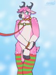 anthro bell bell_collar clothing collar eyewear foreskin fur genitals glasses green_eyes hair harness horn humanoid_genitalia humanoid_penis jingle_bell jingle_bell_collar jingle_bell_wristband legwear male markings penis pink_body pink_fur pink_hair simple_background solo spots spotted_body spotted_fur thigh_highs white_body white_fur fuchsiafeatherz dain_(dainthedeer) deer mammal 3:4 hi_res