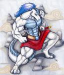 abs anthro belt biceps big_muscles biped blue_body blue_hair blue_skin claws clothed clothing dragon hair horn male muscular muscular_anthro muscular_male mythological_creature mythological_scalie mythology navel pecs pose reptile samurai scales scalie solo standing step_pose tail toe_claws topless unimpressed warrior weapon white_body white_skin wolfgangcake yellow_eyes