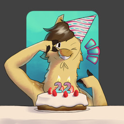 3_fingers ambiguous_gender anthro brown_hair cake candle cheek_tuft clothing dessert emanata eyebrows eyes_closed facial_tuft fingers food fruit fur gesture hair hand_gesture hat headgear headwear horizontal_pupils looking_at_viewer multicolored_body multicolored_fur neck_tuft one_eye_closed party_hat plant pointing pupils raised_arm raised_eyebrow simple_background smile snout solo spots strawberry teeth teeth_showing tuft v_sign wink winking_at_viewer yellow_body yellow_fur wolli_mazangui wolli_(wolli_mazangui) alpaca camelid llama mammal 1:1 hi_res