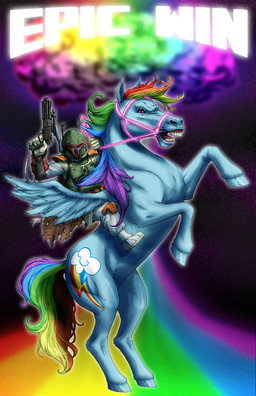 ambiguous_gender armor blue_body blue_feathers blue_fur blue_hair bridle cape clothing cutie_mark duo feathered_wings feathers female feral fur green_hair gun hair handgun harness headgear helmet male mandalorian_armor mount multicolored_hair on_hind_legs open_mouth orange_hair pose purple_hair rainbow rainbow_hair ranged_weapon red_hair reins riding space straddling text weapon wings fooray friendship_is_magic hasbro my_little_pony mythology star_wars boba_fett rainbow_dash_(mlp) equid equine mammal mythological_creature mythological_equine pegasus 2011 crossover digital_media_(artwork) hi_res