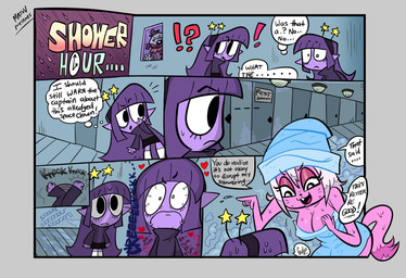 anthro clown dialogue duo female fur heart_symbol interrupted oma_kron_(majuv) pink_body pink_fur purple_body shower text toony towel towel_on_head wet majuv commander_ceebeez_(majuv) alien felid feline mammal comic english_text hi_res