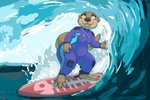 3_toes 4_fingers anthro barefoot blue_eyes breasts brown_body clothing feet female fingers looking_up sharktooth_necklace skinsuit smile solo standing surfboard surfing tight_clothing toes vehicle water watercraft dascarl mammal mustelid otter 2020