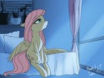 animated bed equid equine female fluttershy_(mlp) friendship_is_magic furniture hasbro hauntedtuba horse mammal my_little_pony mythological_creature mythological_equine mythology night pegasus pillow plant pony sitting solo window wings