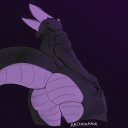 ambiguous_gender anthro big_butt black_body black_scales butt butt_focus cosmic_background horn low-angle_view multicolored_body multicolored_scales pink_body pink_scales rear_view scales simple_background solo star starry_background tail thick_tail thick_thighs two_tone_body two_tone_scales ventral_scales wide_hips archenarie microsoft minecraft mojang mythology xbox_game_studios jean_(minecraft) dragon ender_dragon mythological_creature mythological_scalie reptile scalie 1:1 2026 digital_media_(artwork) hi_res portrait signature three-quarter_portrait