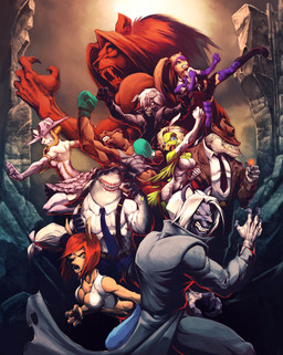 anthro boots boxing_gloves breasts cleavage clothed clothing coat detailed_background fedora female fighting_pose footwear group hair handwear hat headgear headwear long_hair looking_at_viewer male mask muscular open_mouth plantigrade pose raised_arm red_hair serious shirt shoes short_hair tank_top teeth topwear trenchcoat white_hair chaos-draco beast's_fury matilda_(mattie) vincent_(beast's_fury) aquatic avian bird canid canine crocodile crocodilian equid equine felid fish horse hybrid kangaroo lion macropod mammal marsupial pantherine reptile scalie shark absurd_res character_request hi_res shaded