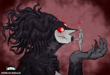 3_eyes black_body black_feathers black_lips blowjob_face duo eyelashes feathers female genitals kissing larger_female lips macro male male/female multi_eye oral penis penis_kissing pseudo_hair size_difference tentacle_hair tentacles ze_blackball.d the_looming_curse_(ze_blackball.d) humanoid absurd_res hi_res huge_filesize