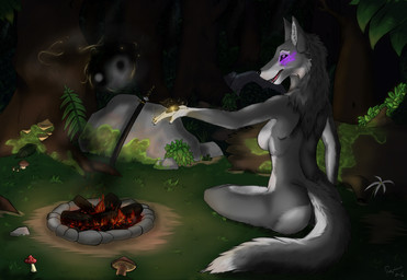 anthro bonfire breasts butt casual_nudity dark detailed_background duo female fire flower fungus grass hair katana leaf log magic melee_weapon mushroom night nude plant rock scar shrub sitting smoke solo_focus sword tree weapon wood plejman lori canid canine canis mammal wolf hi_res