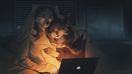 anthro bed biped claws clothed clothed_anthro clothed_female clothed_male clothing computer duo electronics female fingers fur furniture hair inner_ear_fluff inside laptop male sitting smile tuft window unknowhiter canid canine canis felid feline lynx mammal wolf 2026 digital_drawing_(artwork) digital_media_(artwork) hi_res