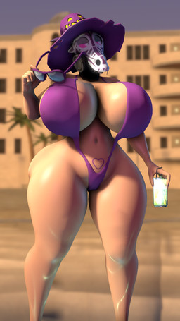 beach big_breasts big_butt bone bone_mask breasts butt clothing curvy_figure eyewear female hat headgear headwear huge_breasts markings mask one-piece_swimsuit purple_clothing purple_markings skull skull_mask sling_bikini solo sunglasses sunglasses_removed swimwear thick_thighs wide_hips witch_hat womb_tattoo cricraxsfm team_fortress_2 valve flama_(cricraxsfm) pyro_(team_fortress_2) humanoid 3d_(artwork) 9:16 digital_media_(artwork) hi_res source_filmmaker_(artwork)