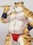 anthro asian_clothing biped blush clothing east_asian_clothing fundoshi humanoid_hands japanese_clothing kemono kiseru male musclegut muscular nipples pink_nose red_clothing red_fundoshi red_underwear smoking smoking_pipe solo underwear white_body yellow_body shiike999 felid mammal pantherine tiger 2022 3:4 hi_res