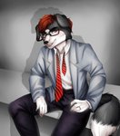 bench blue_eyes clothing digit_ring eyewear formal_wear glasses hair jewelry male red_hair ring smile solo suit undone_tie wedding_ring ermarausch jaxxy_fur border_collie canid canine canis collie domestic_dog herding_dog mammal pastoral_dog sheepdog hi_res