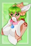 5_fingers anthro bell big_breasts breasts collar curved_horn featureless_breasts female fingers fur green_eyes green_hair hair half-closed_eyes horn inner_ear_fluff looking_at_viewer mottled mottled_body mottled_fur narrowed_eyes pink_collar ridged_horn smile smiling_at_viewer solo teeth tuft white_inner_ear_fluff kammymau maggie_(sylvarimiasma) bovid bovine cattle mammal half-length_portrait portrait