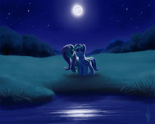 blue_body detailed_background duo eyelashes feathered_wings feathers female glistening glistening_eyes grass hair moon multicolored_hair night outside pink_hair plant pupils reflection sky star starry_sky water wings yellow_body whitediamonds friendship_is_magic hasbro my_little_pony mythology fluttershy_(mlp) rainbow_dash_(mlp) equid equine mammal mythological_creature mythological_equine pegasus 2012 5:4 hi_res