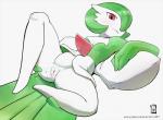 blush bodily_fluids female genital_fluids genitals green_hair hair looking_at_viewer not_furry presenting pussy red_eyes simple_background solo spread_legs spreading vaginal_fluids threeworlds nintendo pokemon starayo gardevoir generation_3_pokemon pokemon_(species) hi_res