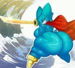 adorabat aged_up anthro bat big_breasts big_butt black_eyes blue_body breasts butt butt_focus cape cartoon_network clothing female fighting_pose glistening glistening_butt hi_res holding_melee_weapon holding_object holding_sword holding_weapon huge_butt huge_hips huge_thighs hyper hyper_butt katana mammal mao_mao:_heroes_of_pure_heart melee_weapon membrane_(anatomy) membranous_wings mostly_nude narrowed_eyes pegleg pose prick_ears sharp_teeth short_stack side_boob small_tail smile solo sword tail teeth thick_thighs wave weapon wide_hips wings xaveknyne yellow_sclera