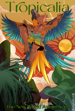 anthro arm_tattoo bottom_view bottomwear brown_body brown_fur clothed clothing cloud feral flying fur jewelry male mountain necklace outside palm_tree plant shorts shorts_only smile solo sun tattoo text topless tree waterfall viola_bat viola_bat_(character) avian bat bird macaw mammal neotropical_parrot parrot true_parrot absurd_res english_text hi_res